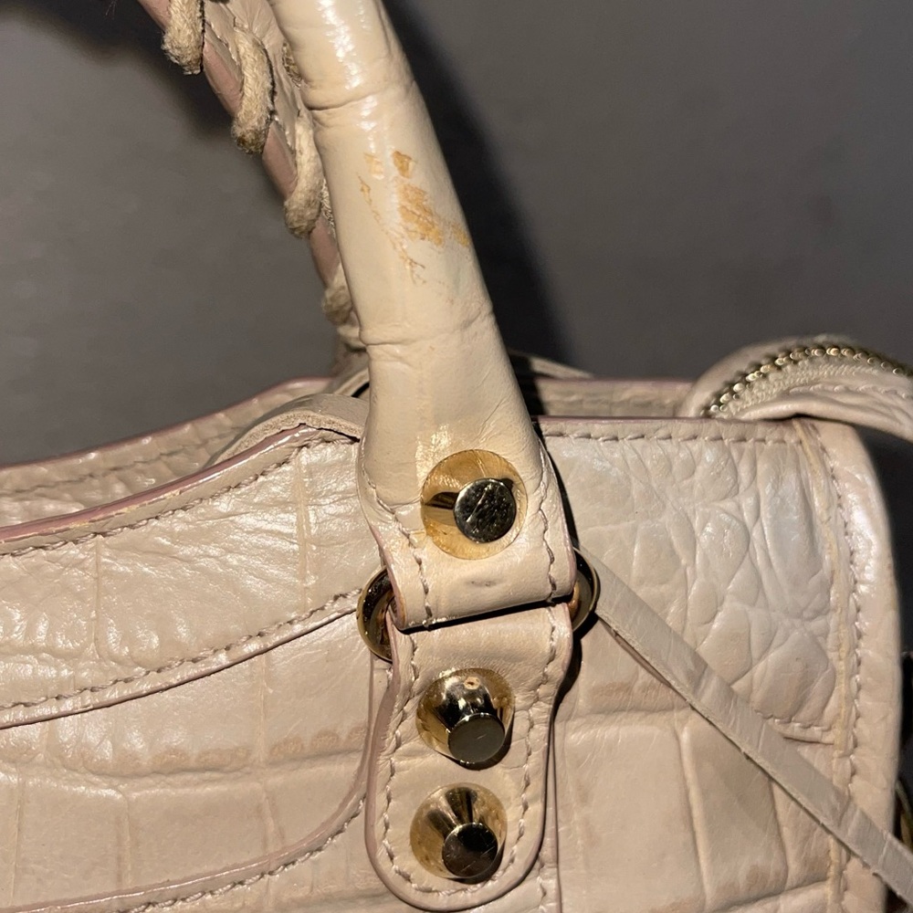 BALENCIAGA | Calfskin Crocodile Embossed Gold Hardware Mini City Beige Latte - Picture 11 of 15